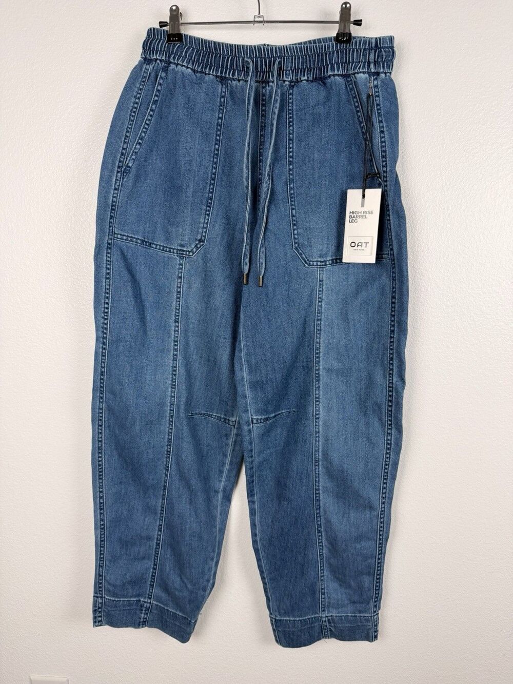 OAT New York High Rise Barrel Leg Jeans Drawstring Cloud Luxe